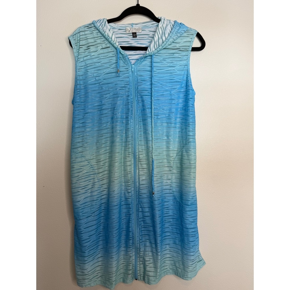J Valdi Blue Ombre Textured Sleeveless Zip Front Hooded Swim Cover Up Dress L